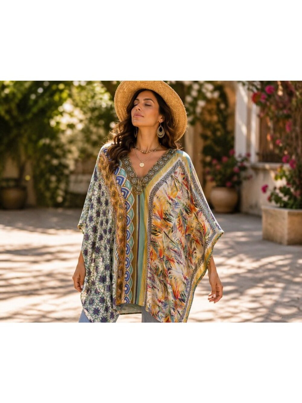 Nicole Miller Studio Silk Kaftan Tunic M/L Boho Batwing Festival Top